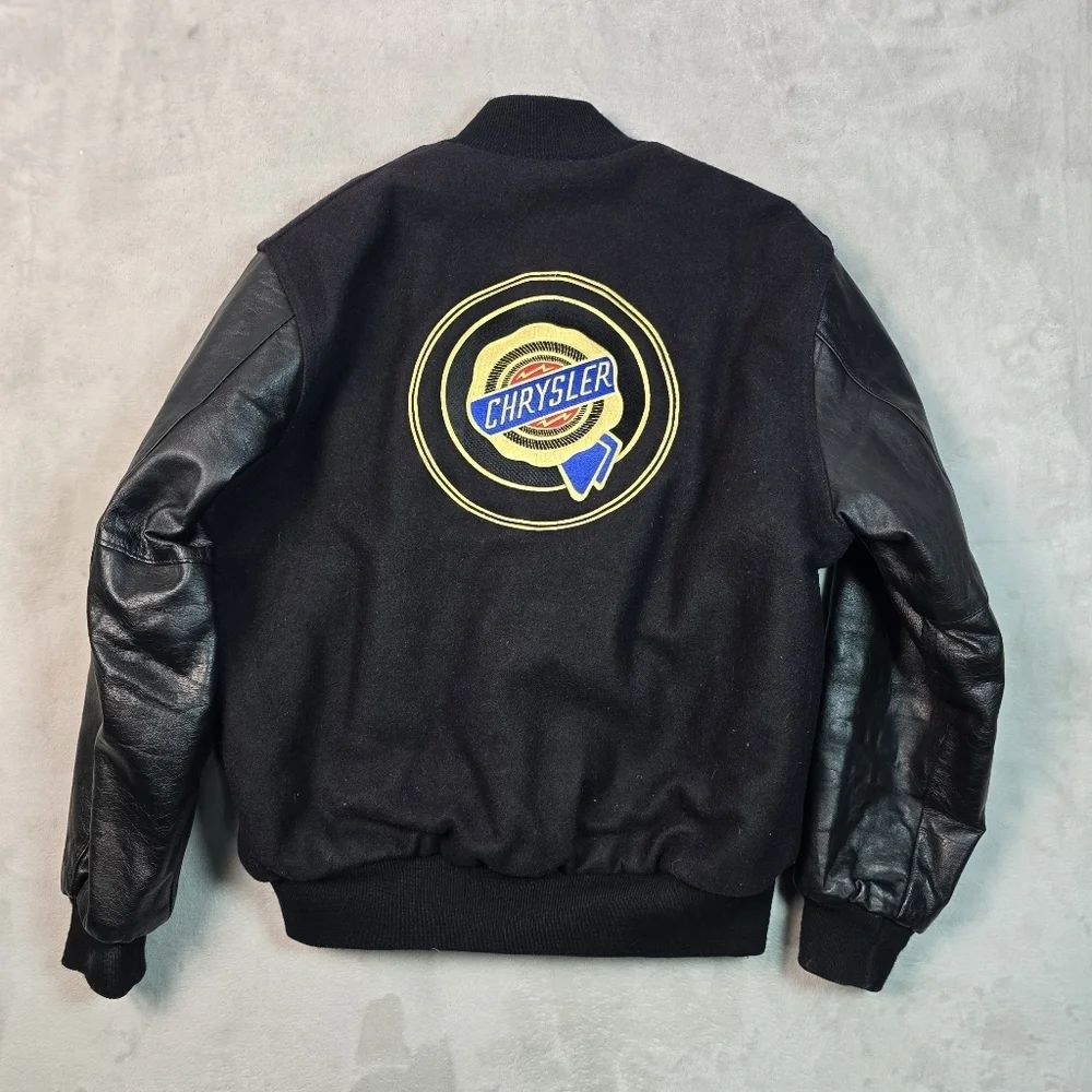 Vintage Holloway Chrysler Varsity Jacket Sz M Wool Leather Varsity Black USA 90s
